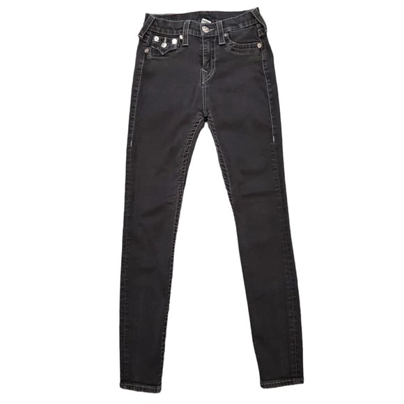True Religion Super Skinny 28 (Meas 24x27.5 9.5" Mid Rise) Black Flap Jeans A20 - Picture 1 of 12